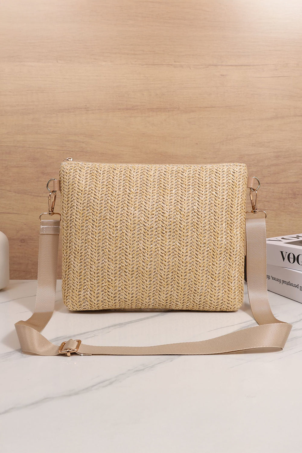 Beige Leather Pocket Patchwork Straw Woven Shoulder Bag