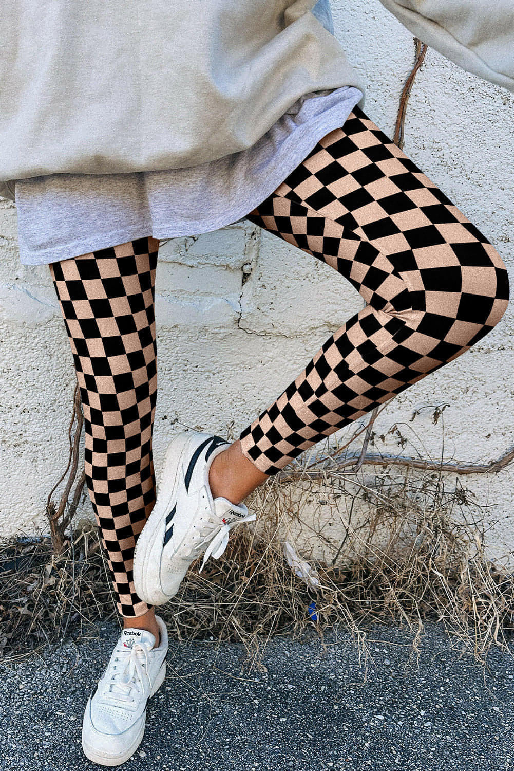 Kaki rutigt mönster hög midja mager leggings