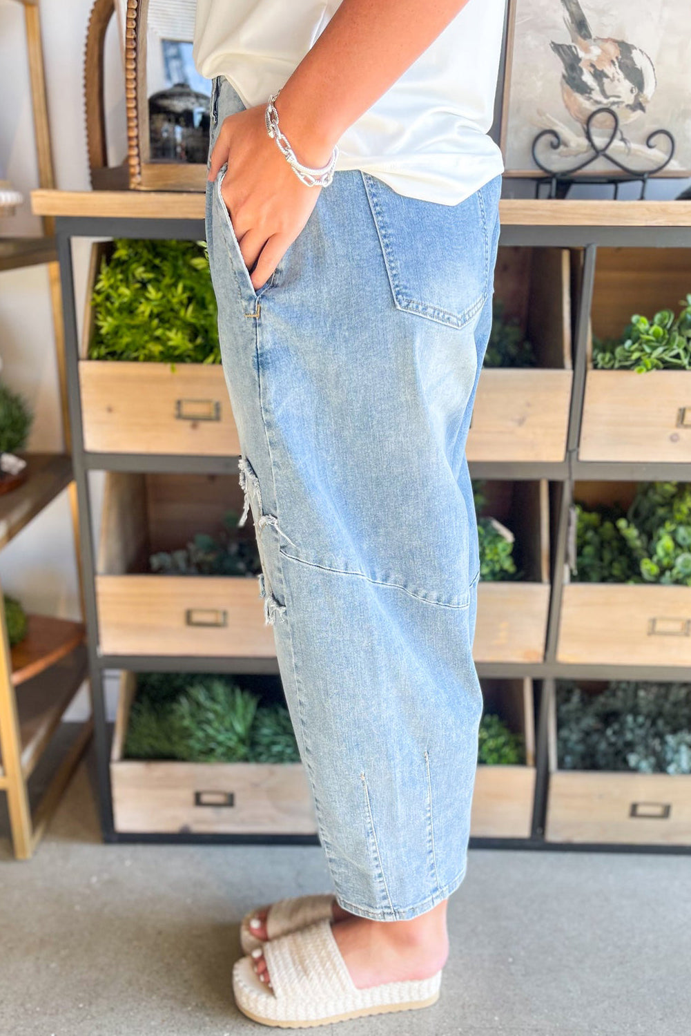 Beau Blue Flower Patched Light Wash Cropped High Waist Barrel Jeans