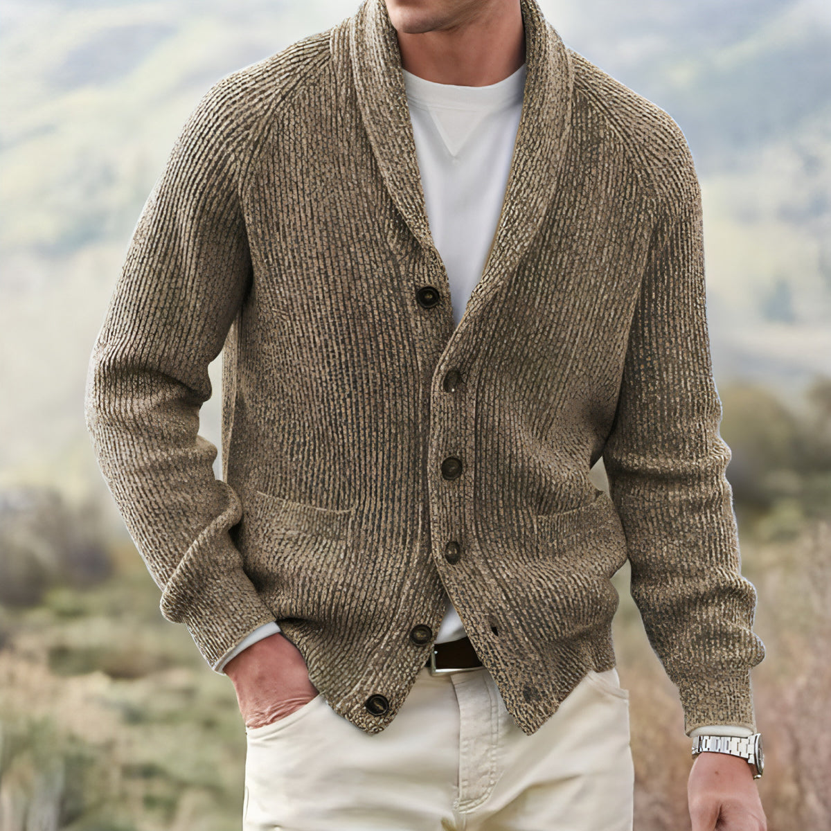 Herren-Cardigan-Mantel mit Revers und mehreren Knöpfen