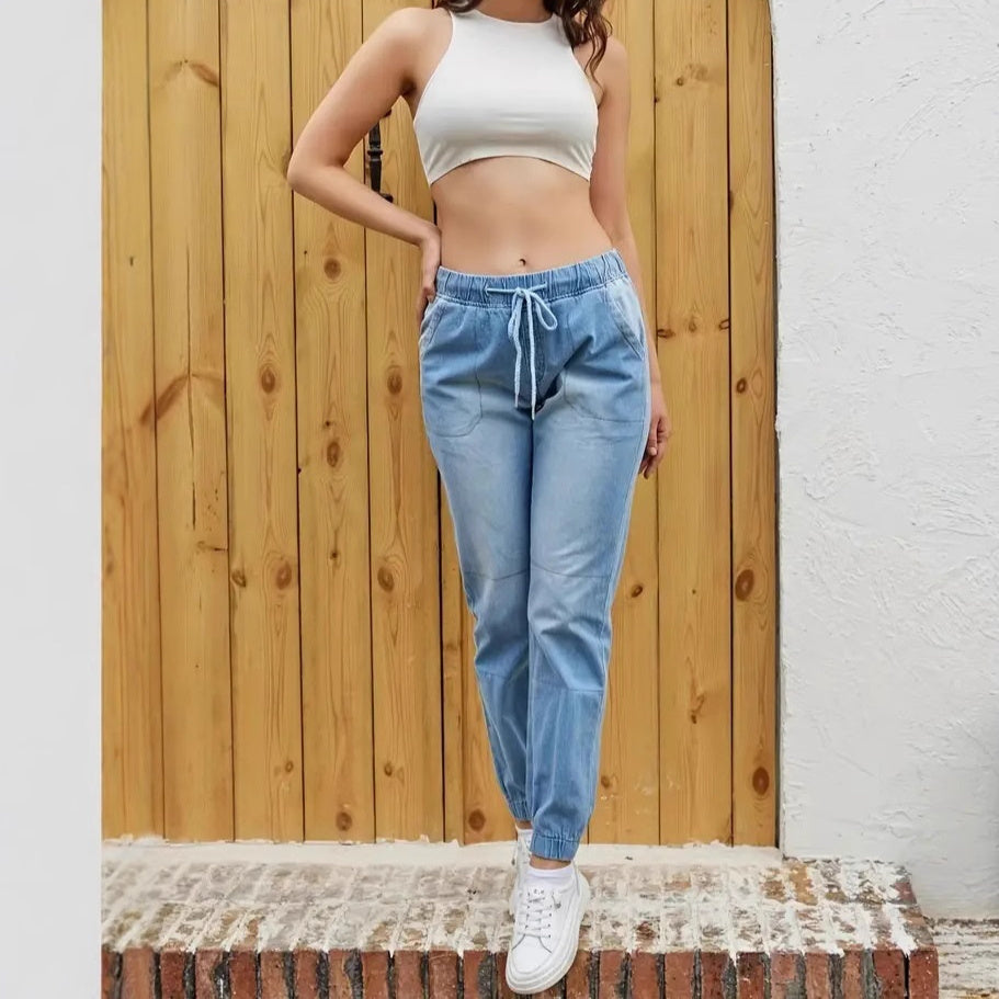 Elastic Waistband High Waist Jeans – Korean-Inspired Skinny Fit