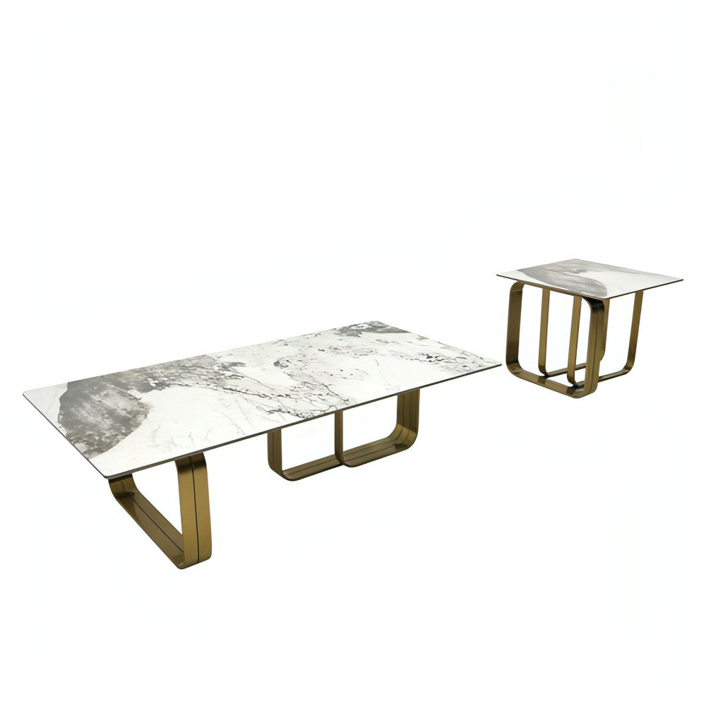 LuneluX_Home – Modern Sintered Stone Coffee Table Set with Gold Frame (2 pcs)
