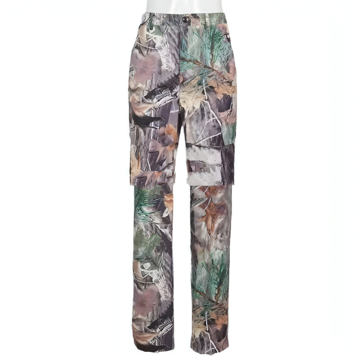 Calças casuais soltas com bolsos impressos de folhas (jeans)