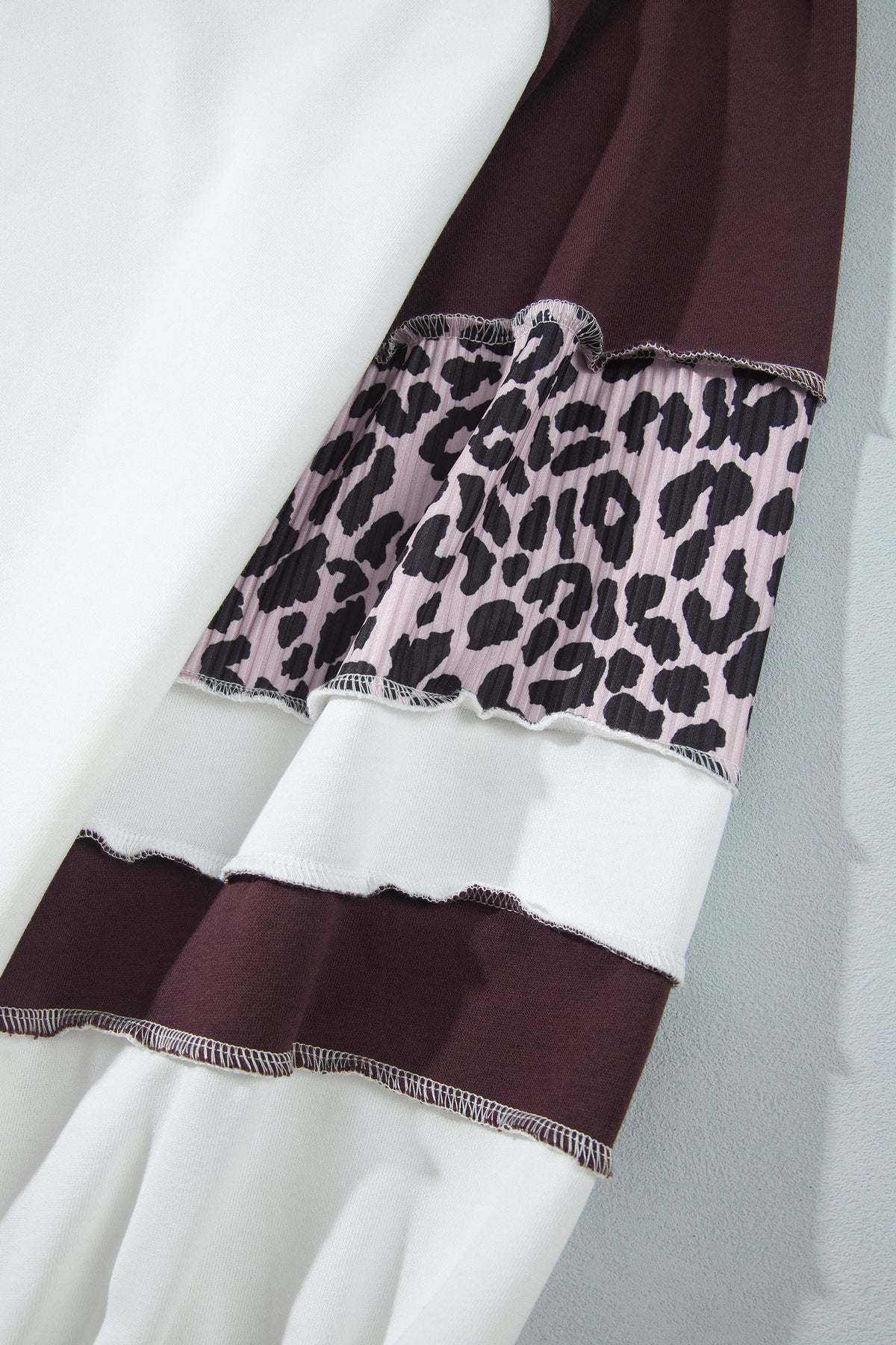 Beige Leopard Print Colorblock Round Neck Long Sleeve Plus Size Blouse