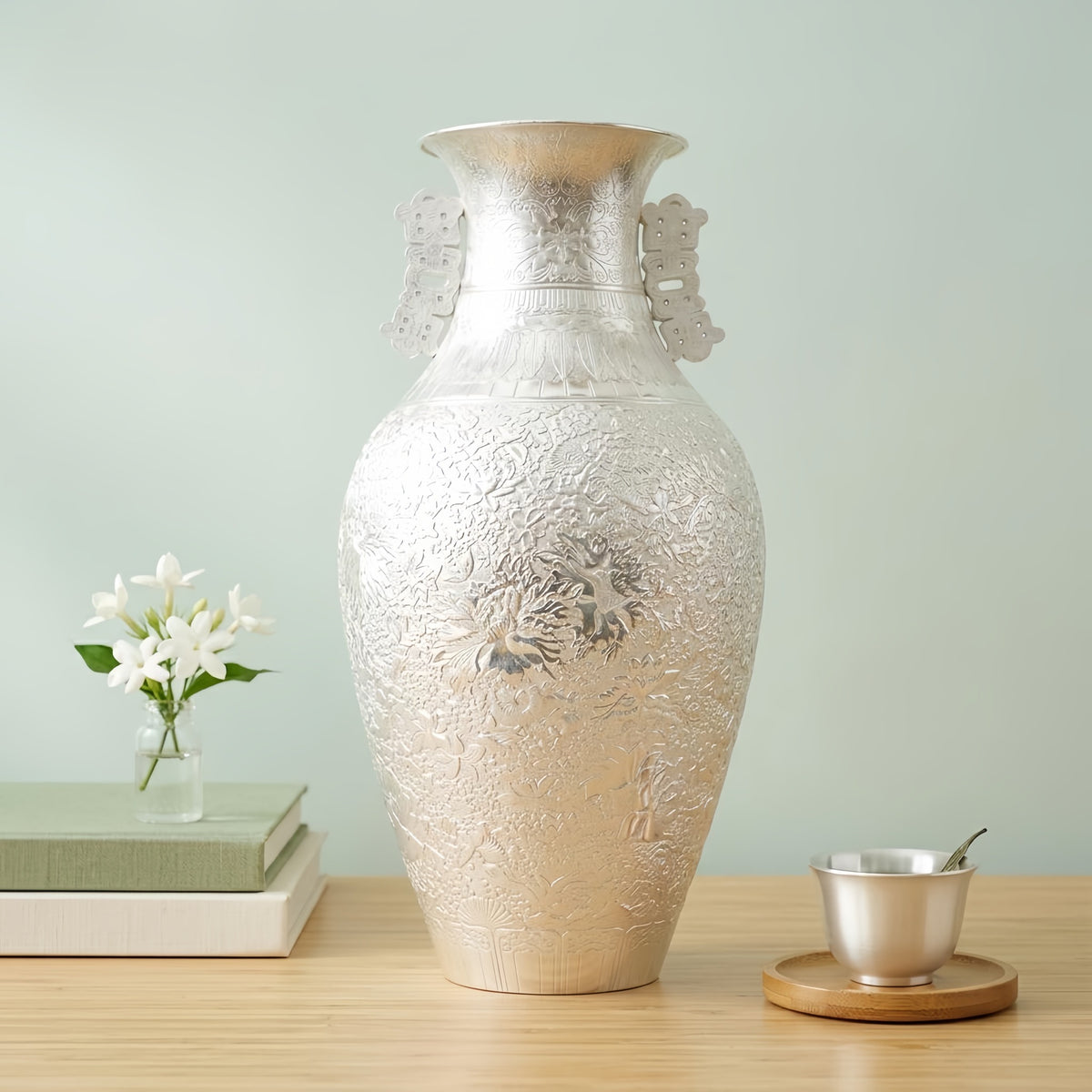 925 Sterling Silver & White Porcelain Dragon Handle Vase with Floral Motifs