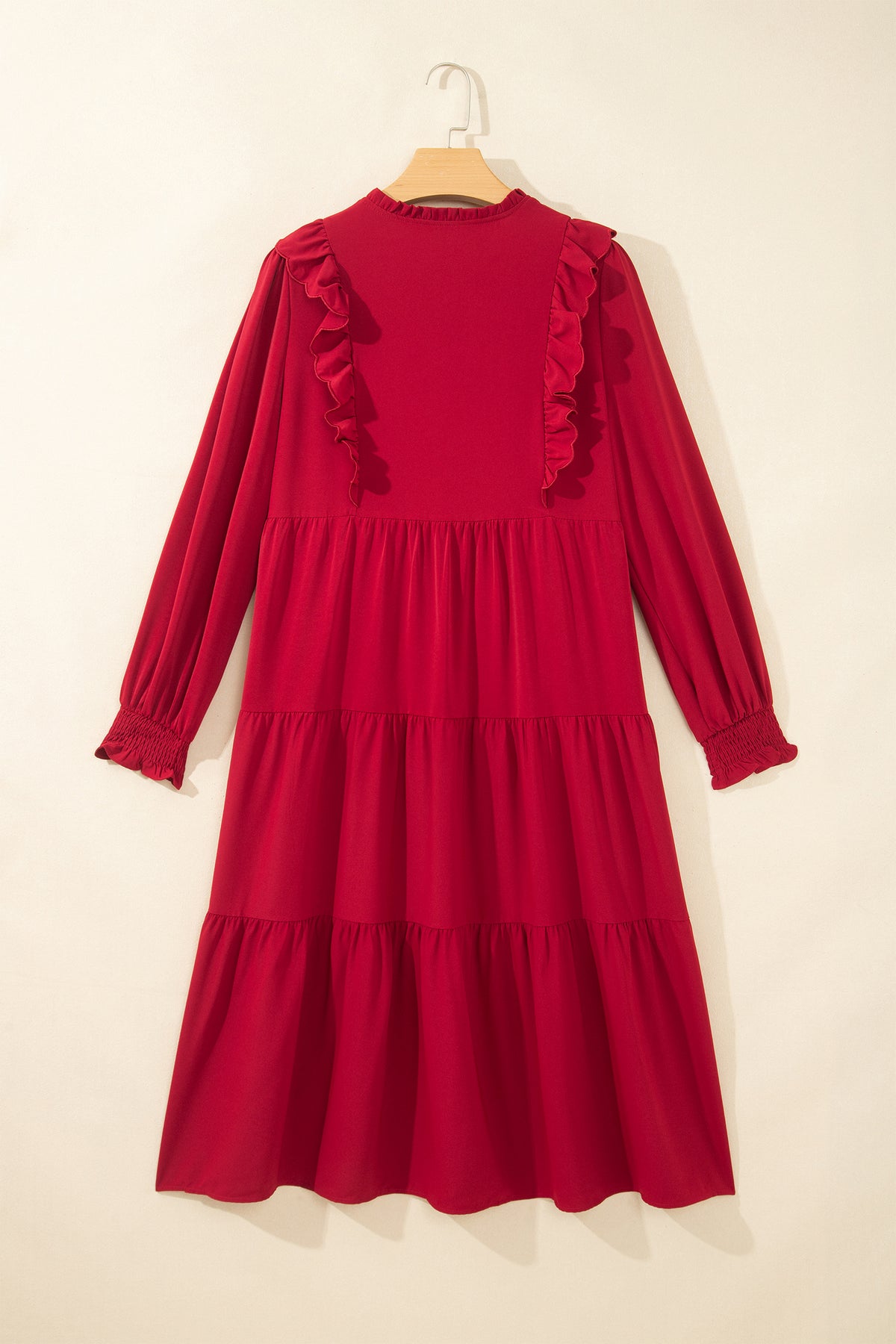 Racing Red Solid Color Ruffle Trim Long Sleeve Tiered Shift Midi Dress