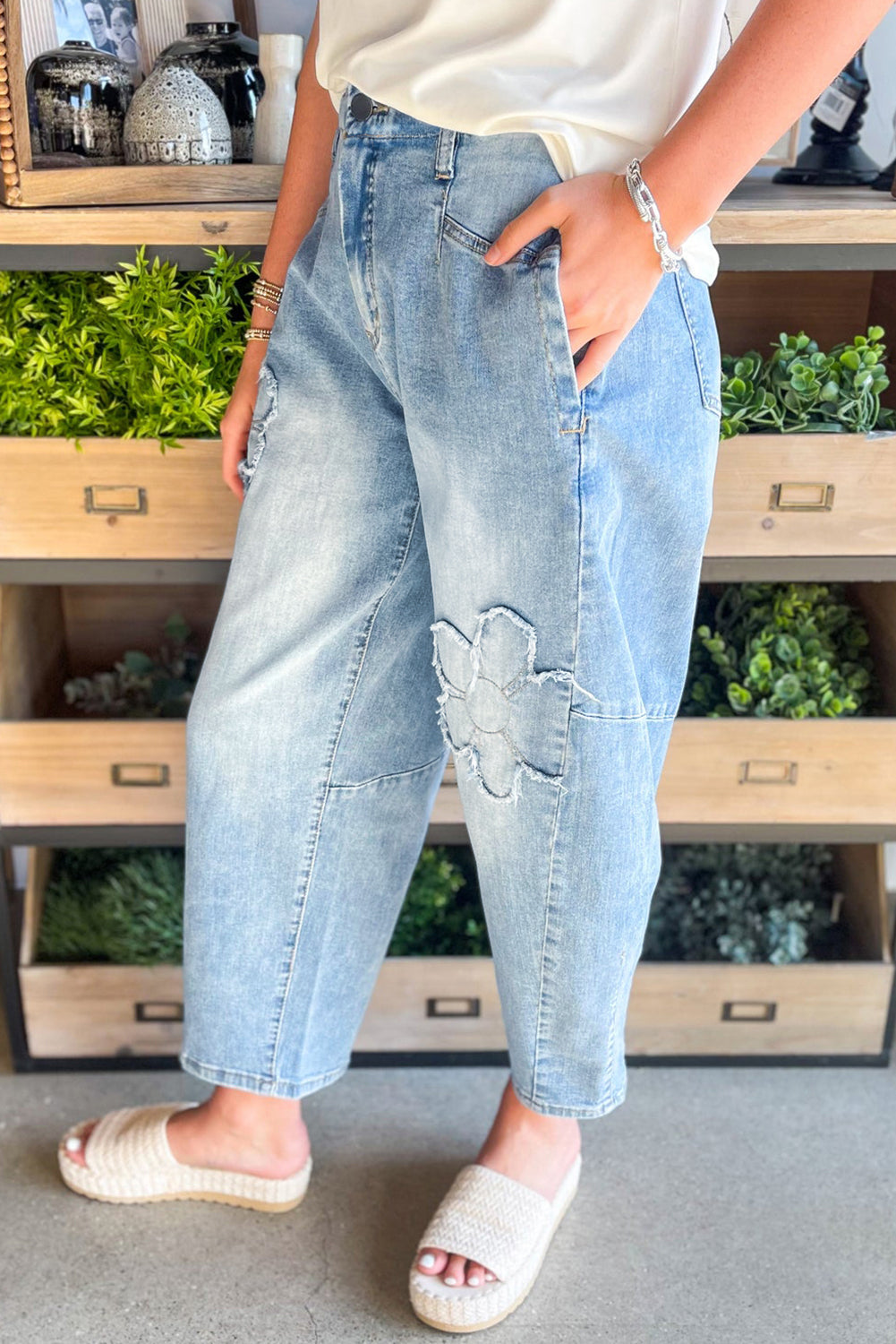 Beau Blue Flower Patched Light Wash Cropped High Waist Barrel Jeans