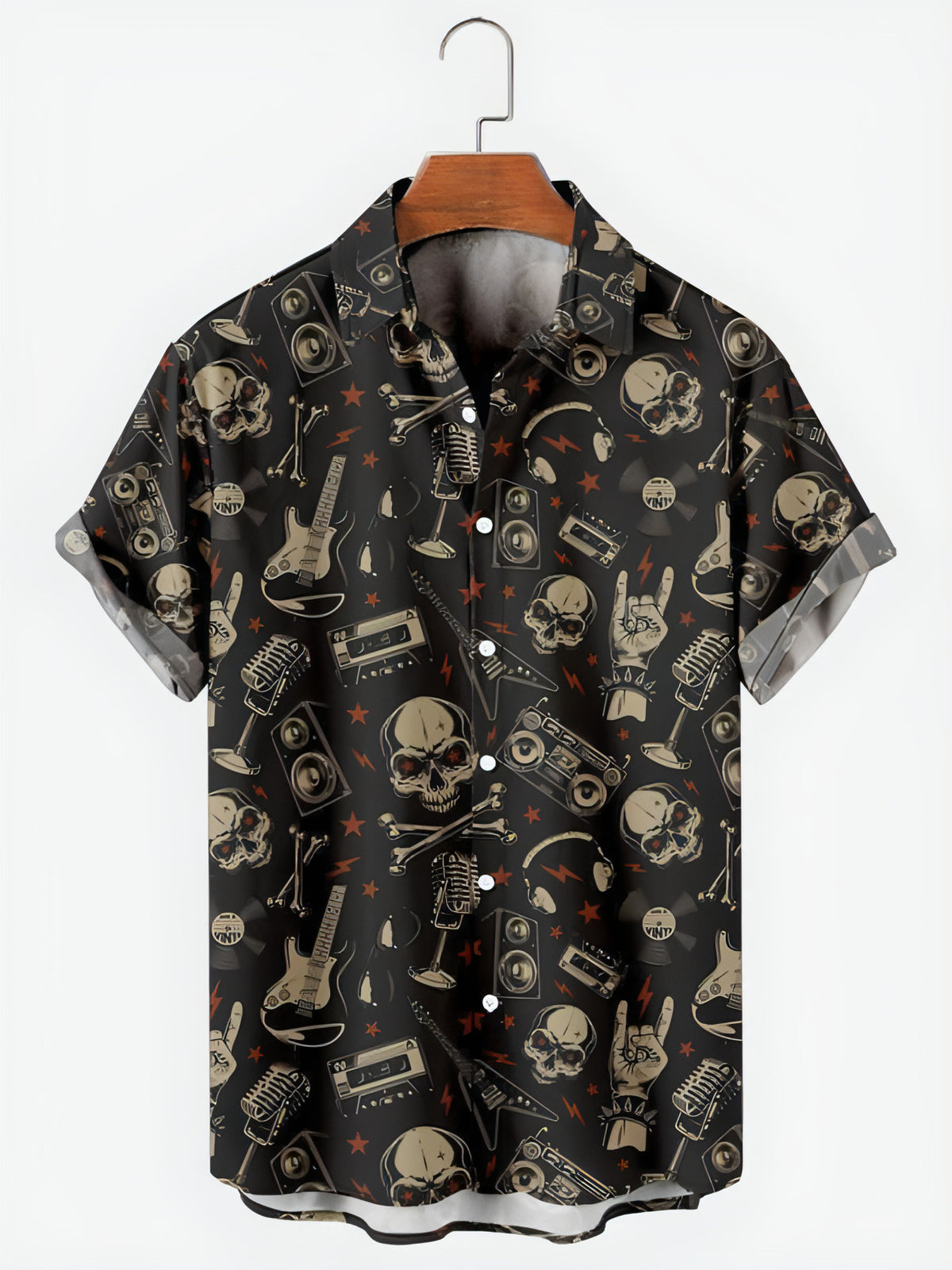 Herrenhemd mit Totenkopf- und Rosen-Print