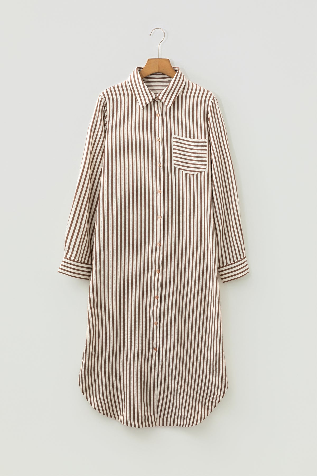 Brown Stripe Textured 3/4 Sleeve Round Hem Split Midi Shirt Dress