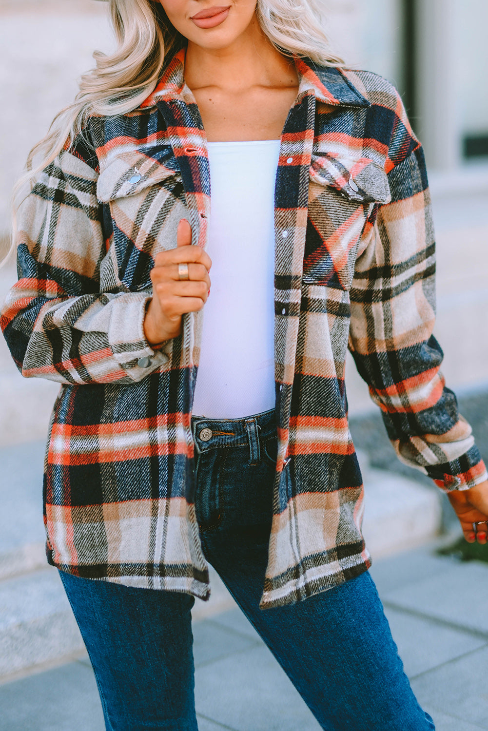 Fiery Red Geometric Plaid Print Pocketed Shacket