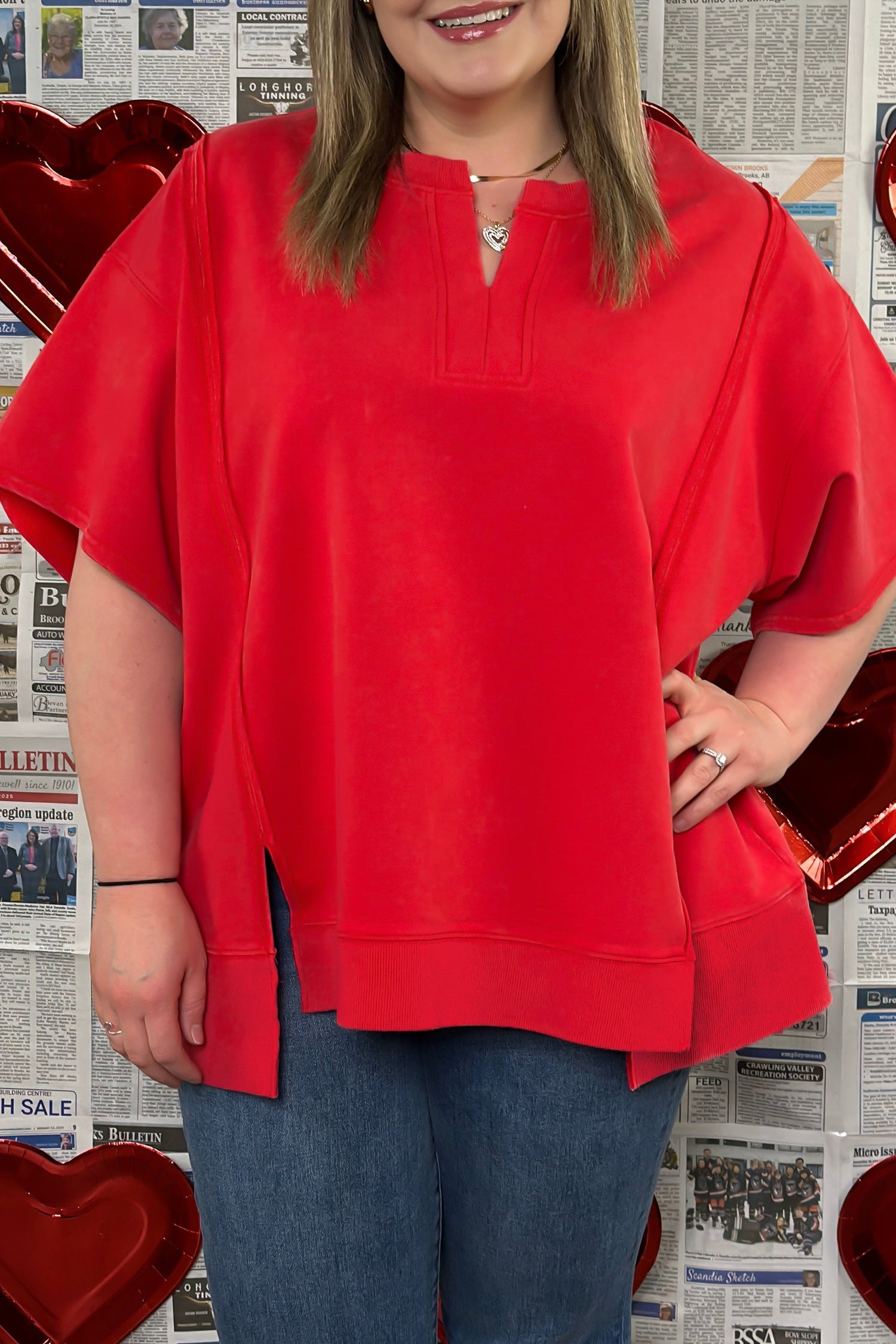 Fiery Red Plus Size Solid Color Notched Neck Seam Detail Patchwork Short Sleeve Top