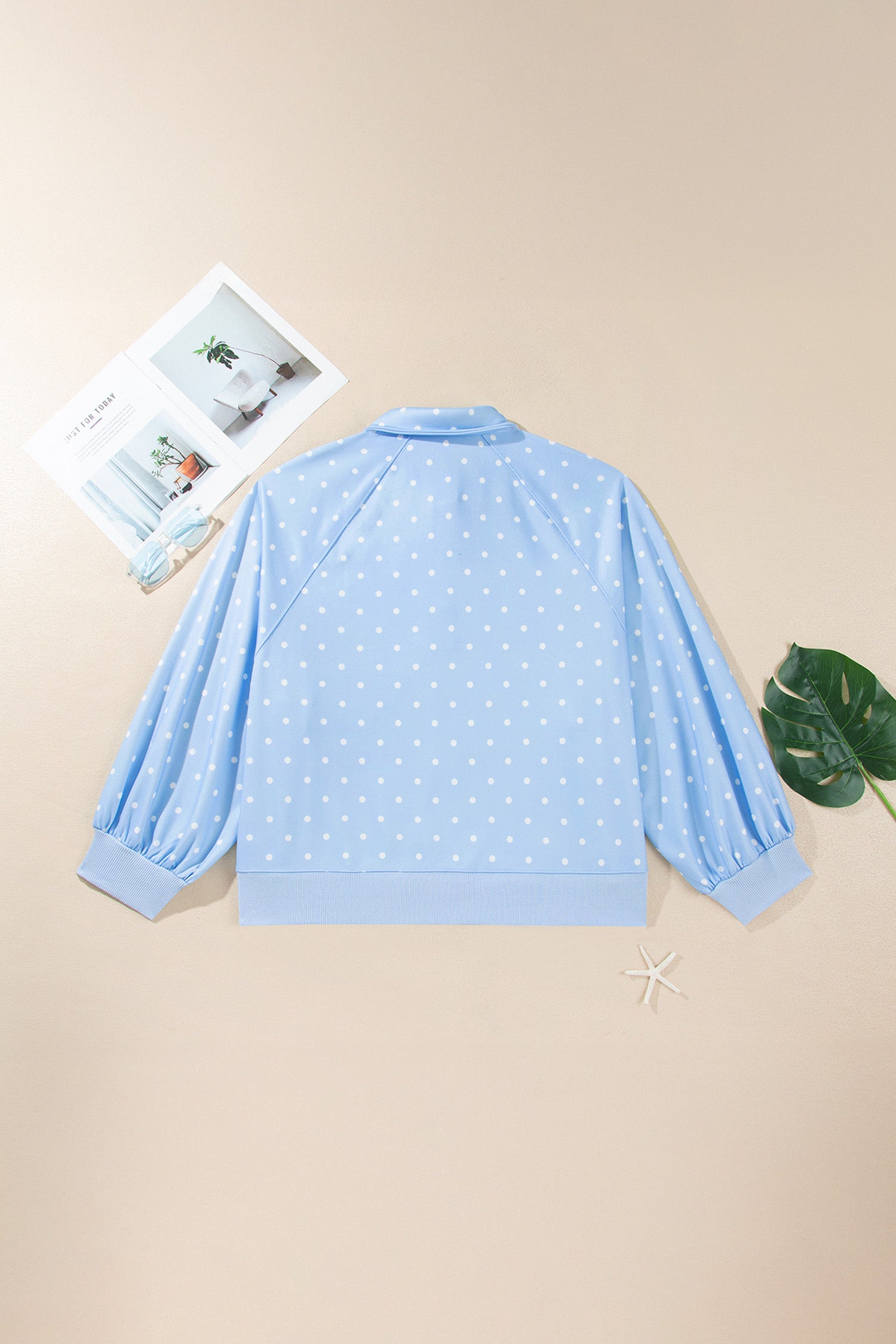Sky Blue Polka Dot V Neck Metal Button Long Sleeve Shift Plus Size Sweatshirt