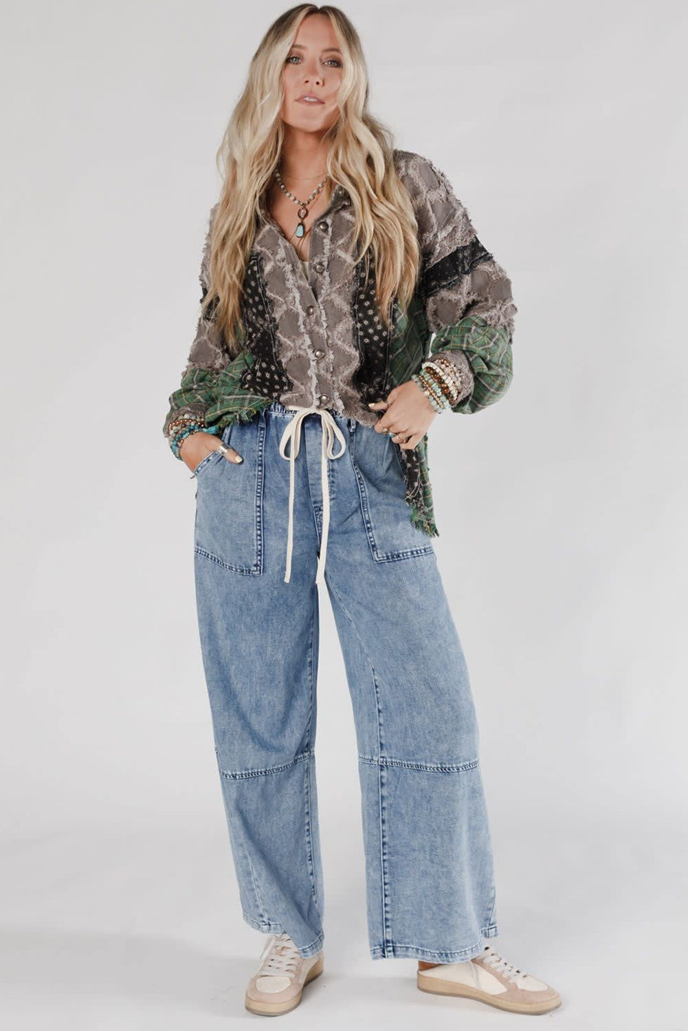 Ashleigh Blue Acid Wash Exposed Seam Drawstring Elastic Waist Barrel Jeans