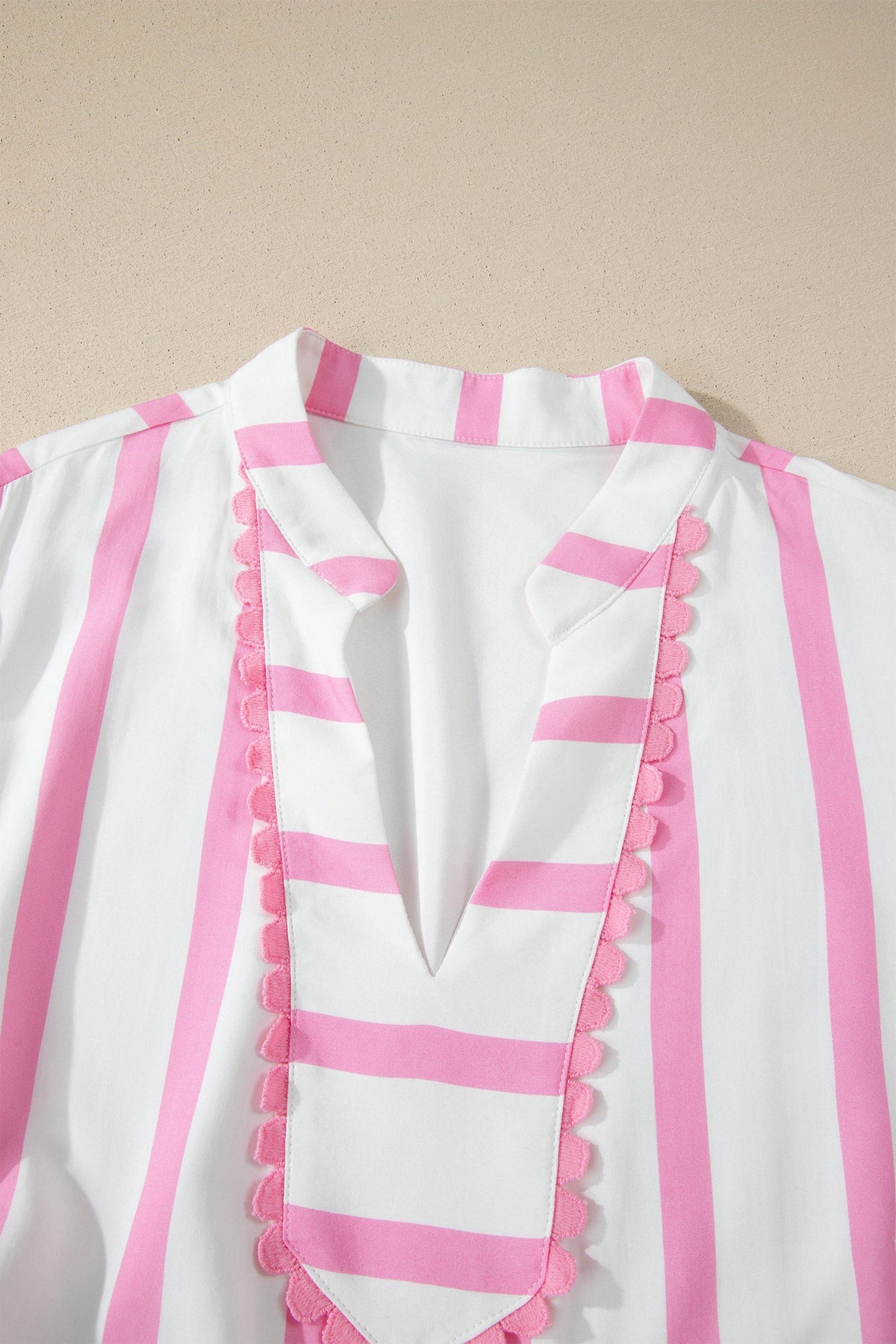 Pink Stripe Plus Size V Neck Short Puff Sleeve Tiered Maxi Dress