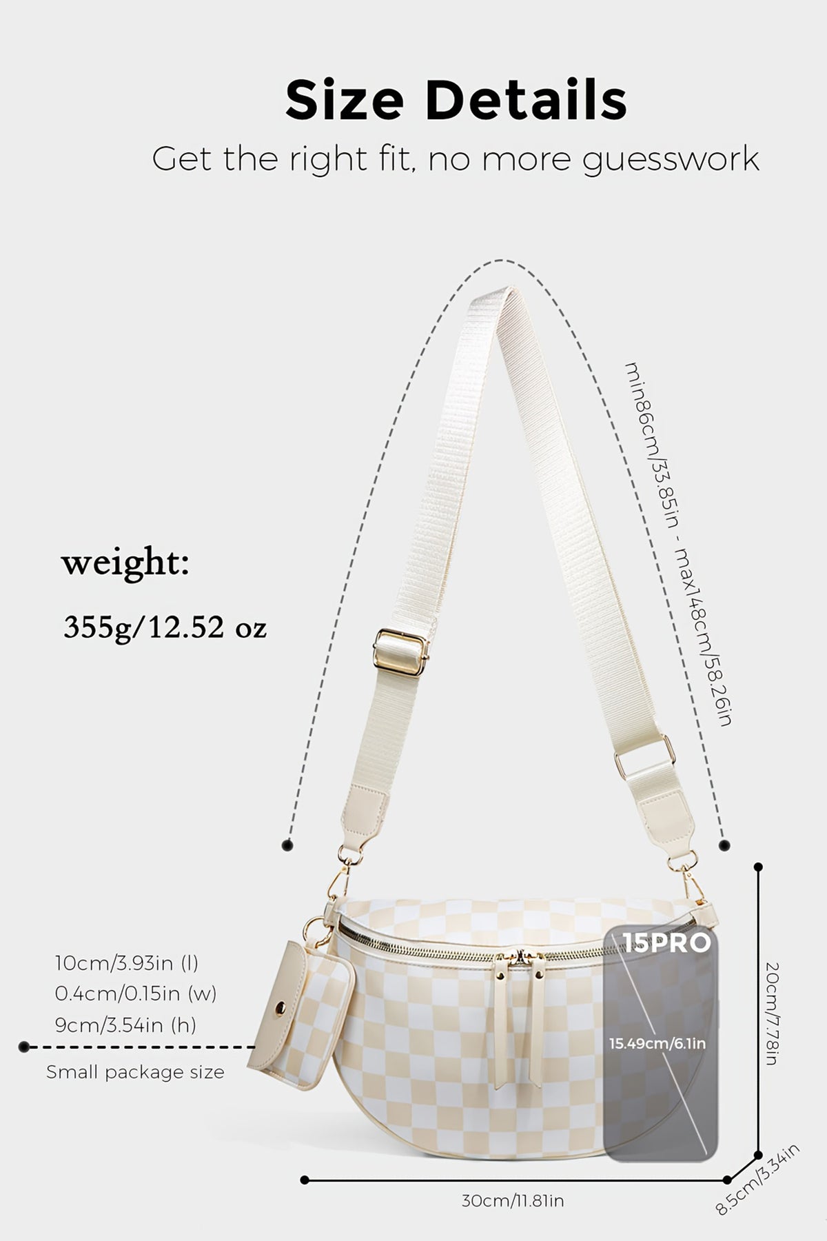 White Checkered Crescent Shoulder Bag with Detachable Pouch