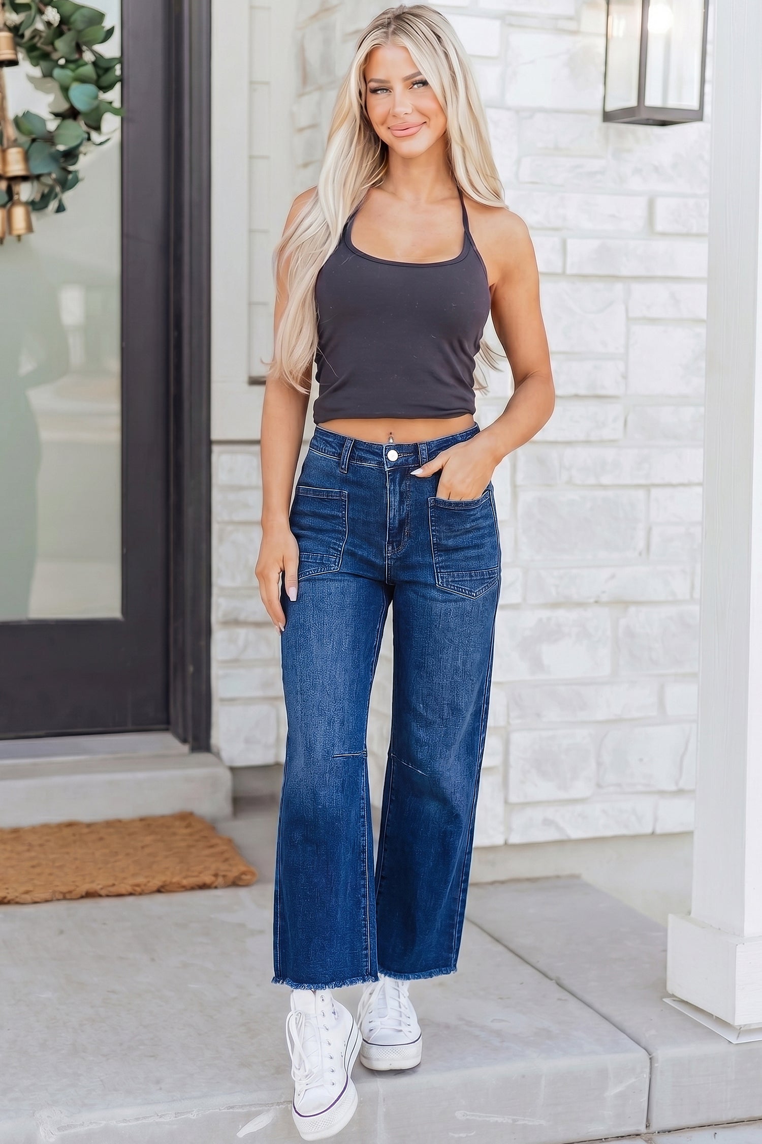 Beau Blue Frayed Cropped Barrel Jeans