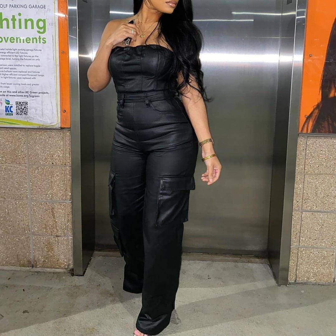 A1. Off-the-shoulder Tube Top Tight-fitting Cinched PU Leather Jumpsuit
