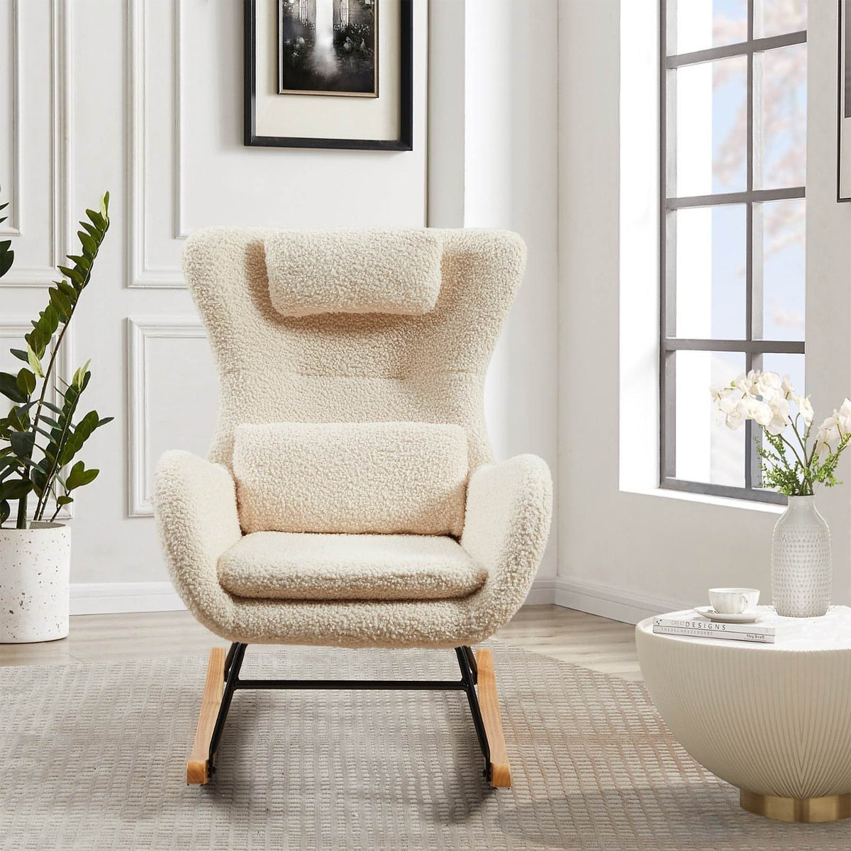 LuneluX_Home – Modern Rocking Chair with High Backrest (Beige)