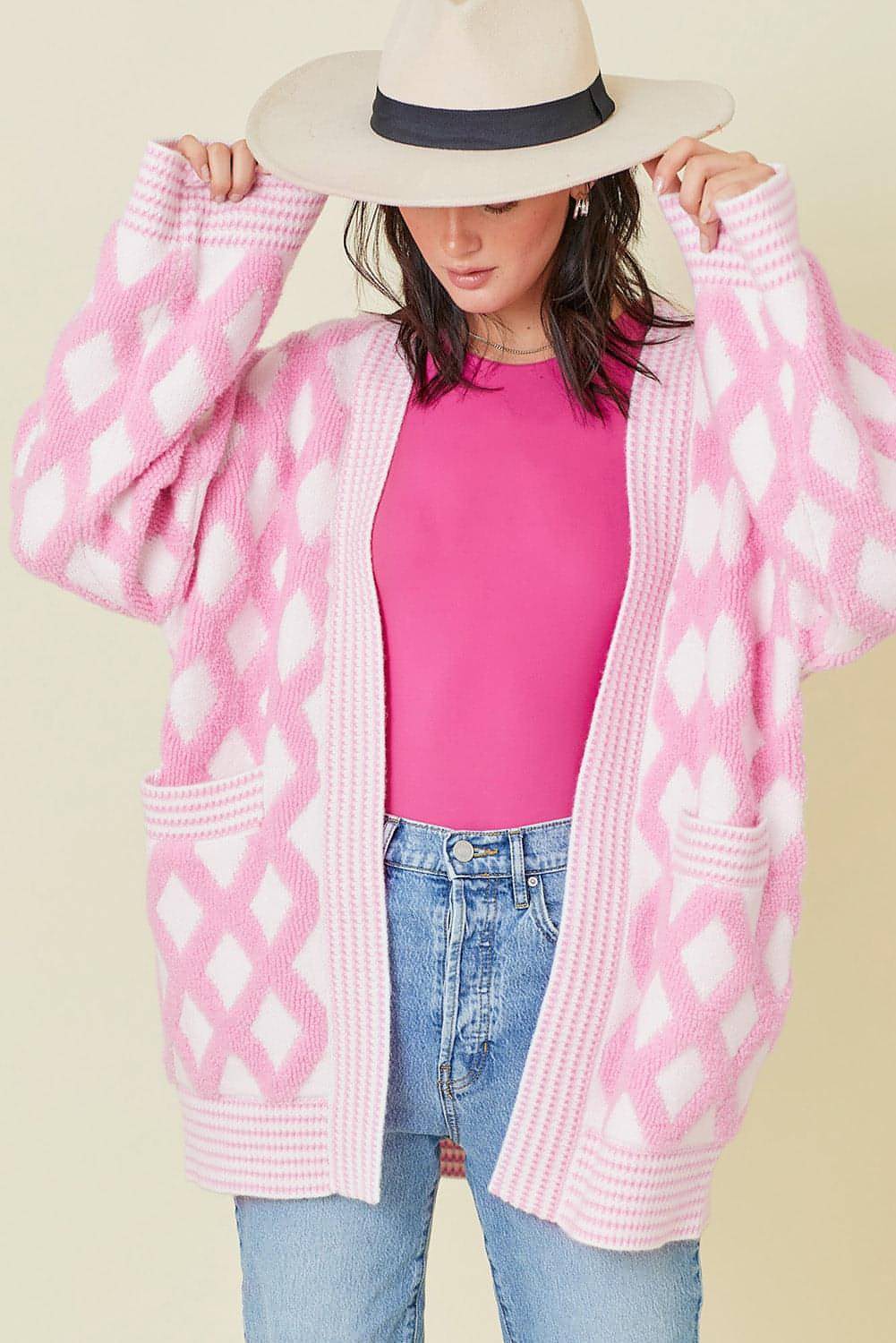 Pink Rhombus Muster Stricker vorne steckte Cardigans