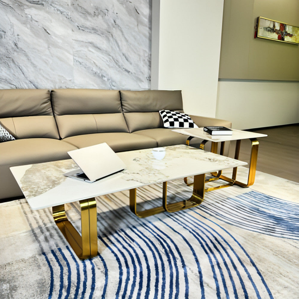 LuneluX_Home – Modern Sintered Stone Coffee Table Set with Gold Frame (2 pcs)