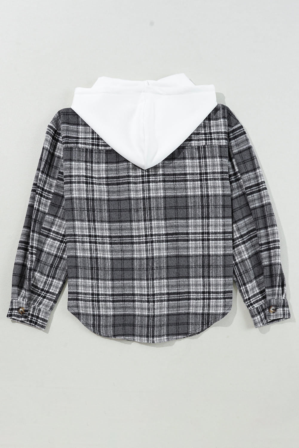 Black Plaid Print Flap Pockets Contrast Hooded Loose Shacket.