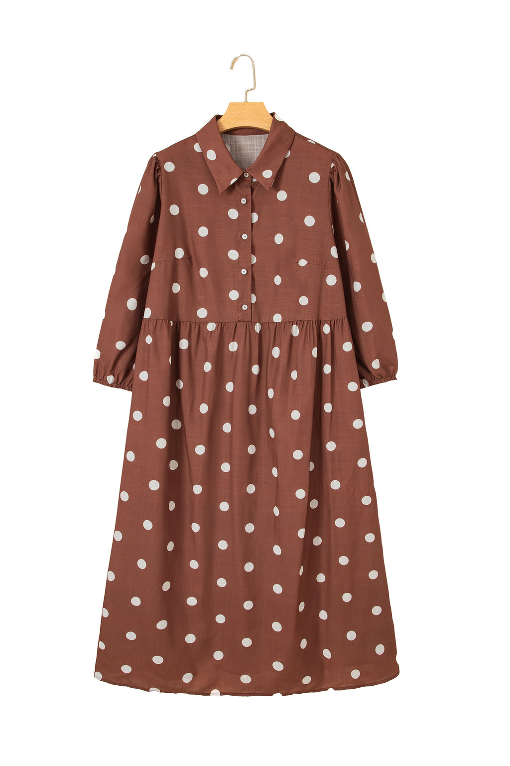 Brown Polka Dot V Neck Abdomen Pocket Gathered Cuffs Long Sleeve Shift Plus Size Dress