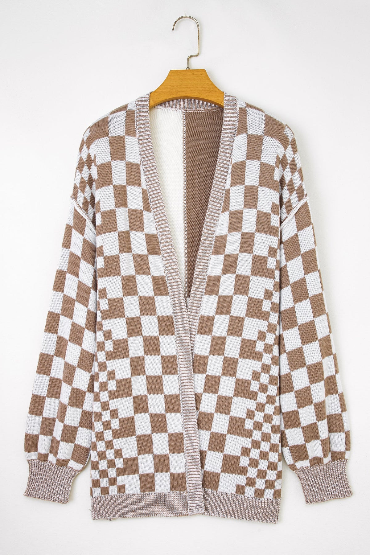 Orange Plus Size Checkered Bubble Sleeve Drop Shoulder Open Cardigan