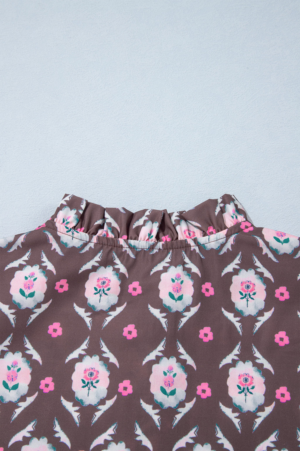 Brown Floral Print Button Front Ruffle Hem Midi Dress
