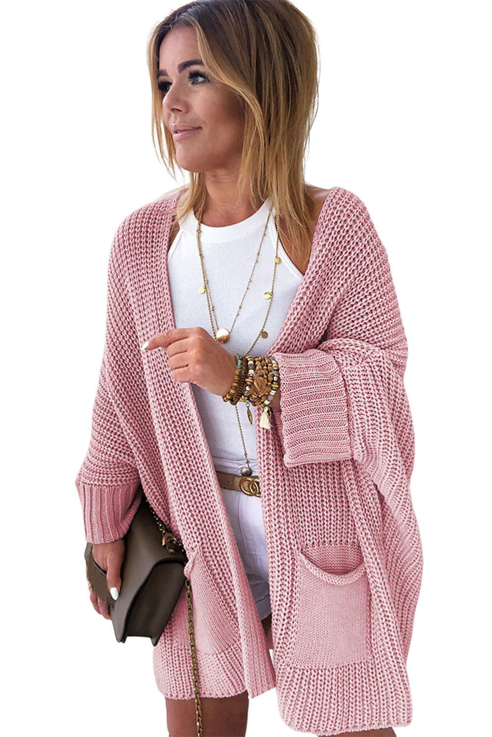 Cardigan frontale aperto con maniche ripiegate oversize rosa