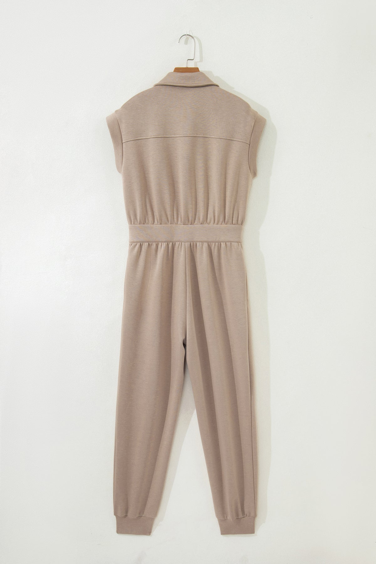 Dark Khaki Solid Color Zip Front Short Sleeve Collared Jumpsuit