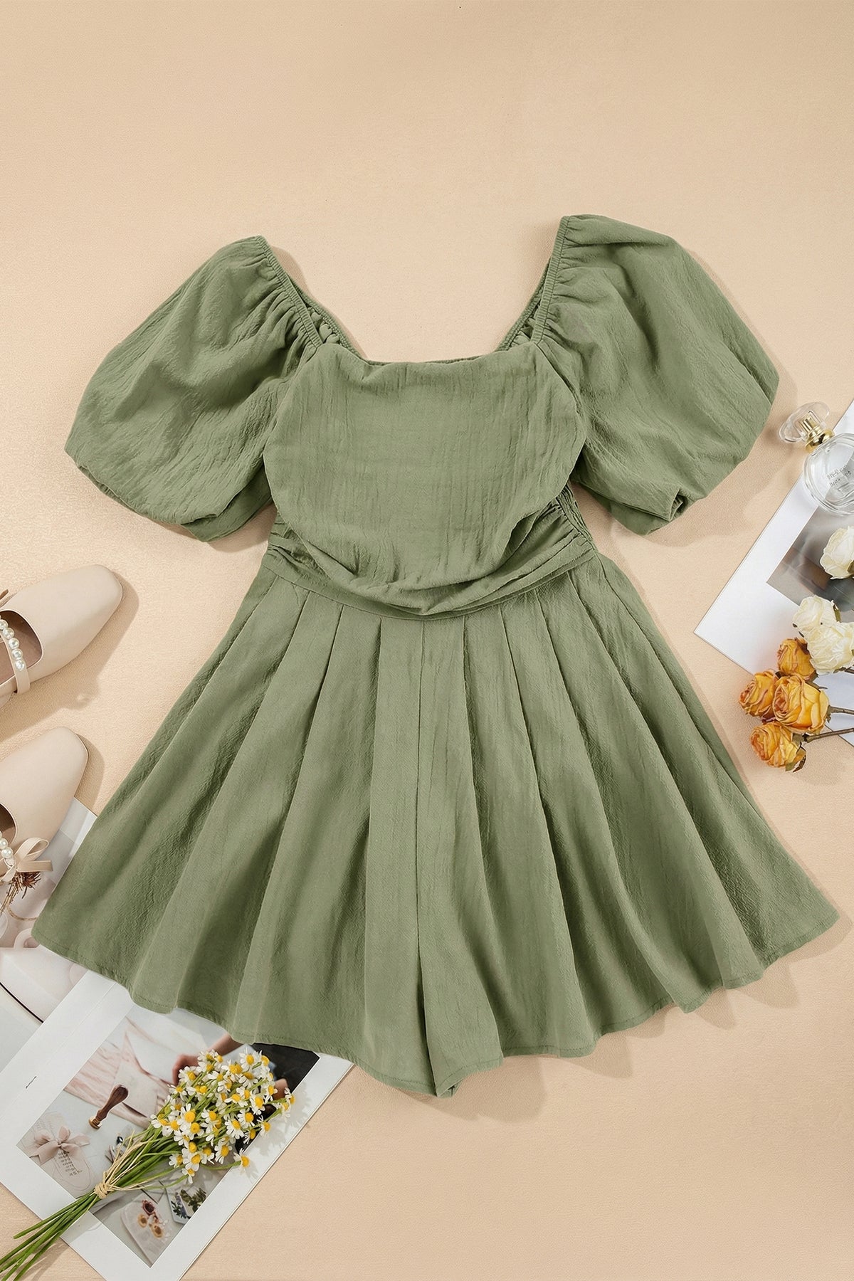 Valerian Square Neck Ruched Puff Sleeve Romper