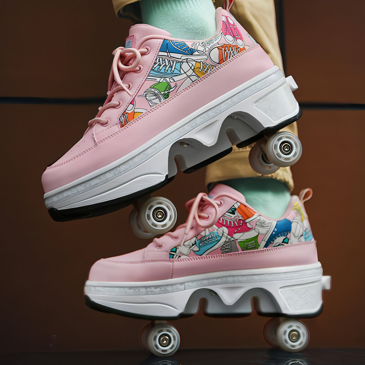 Sapatos sapatos transformadores de quatro rodas de uso duplo patins de linha dupla rolo heelys patinando os sapatos de patinação mulheres mulheres