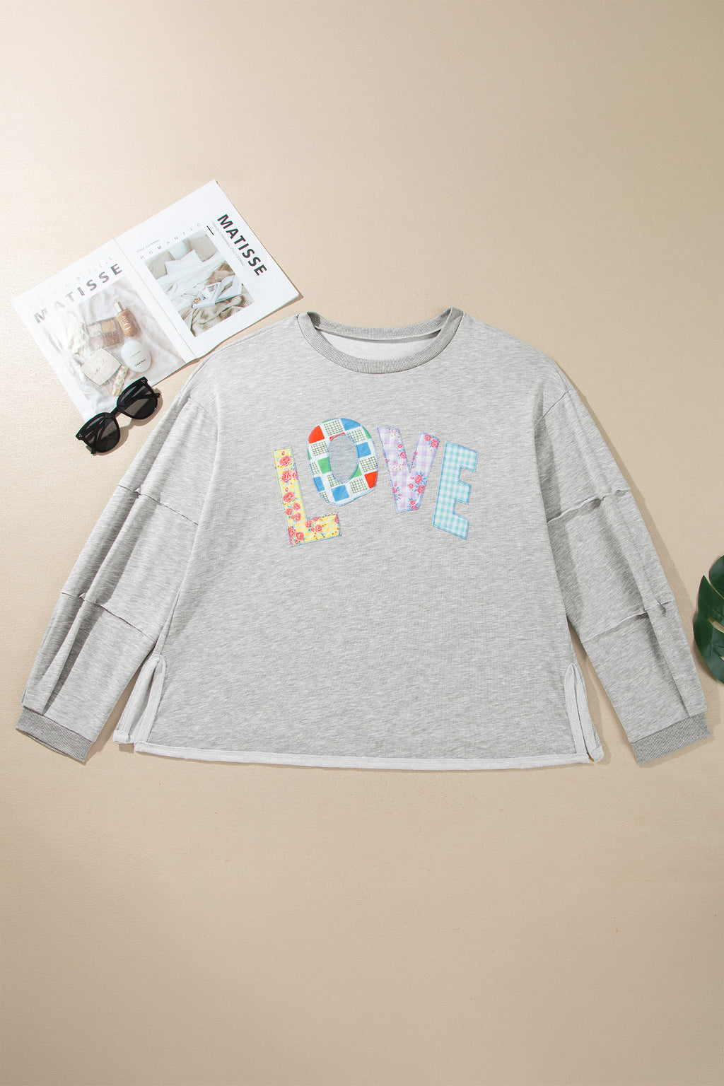 Light Grey Long Sleeve Patch Embroidery Tunic Plus Size Blouse