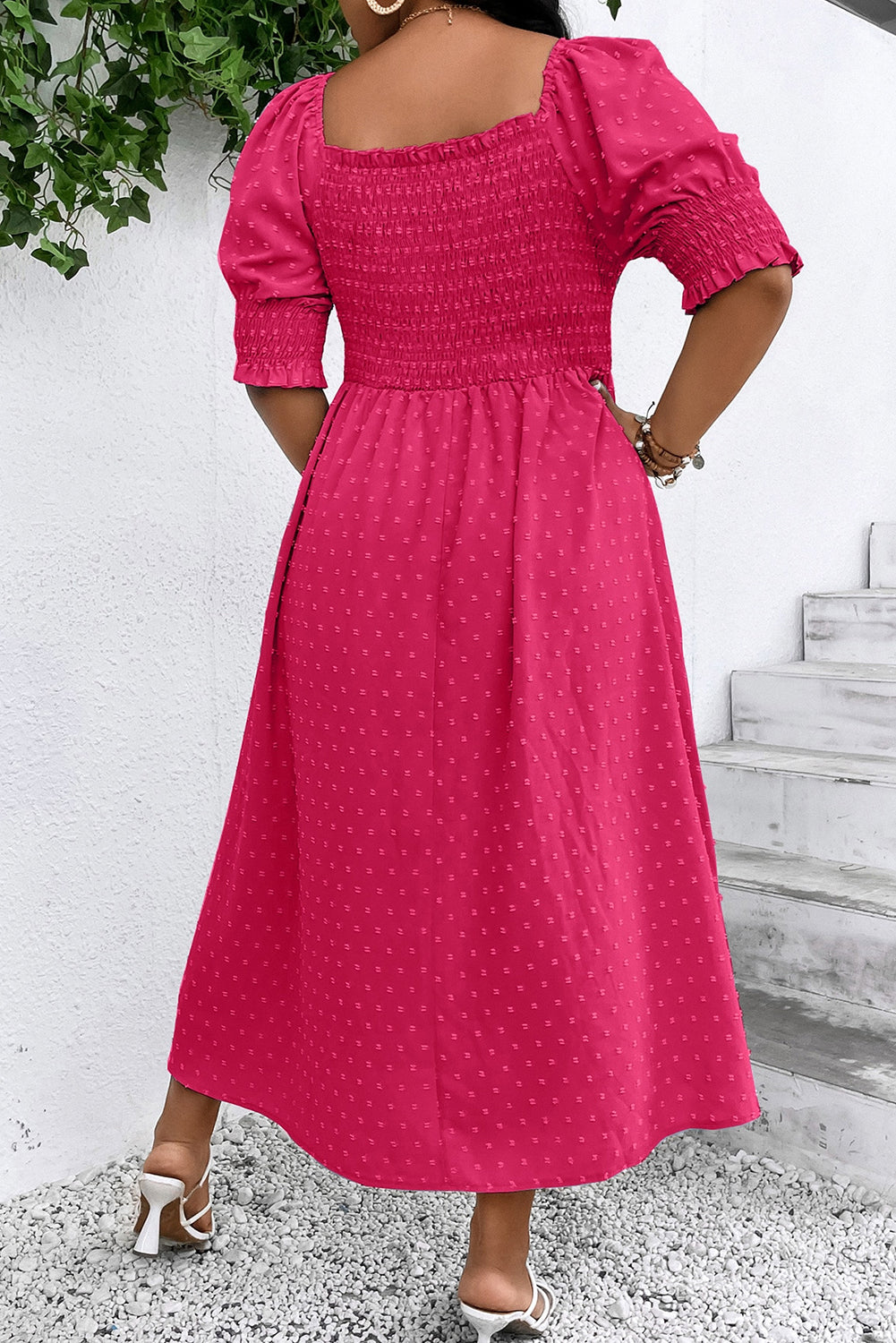 Sachet Pink Swiss Dot Smocked Frilled Neckline Short Sleeve Plus Size Dress