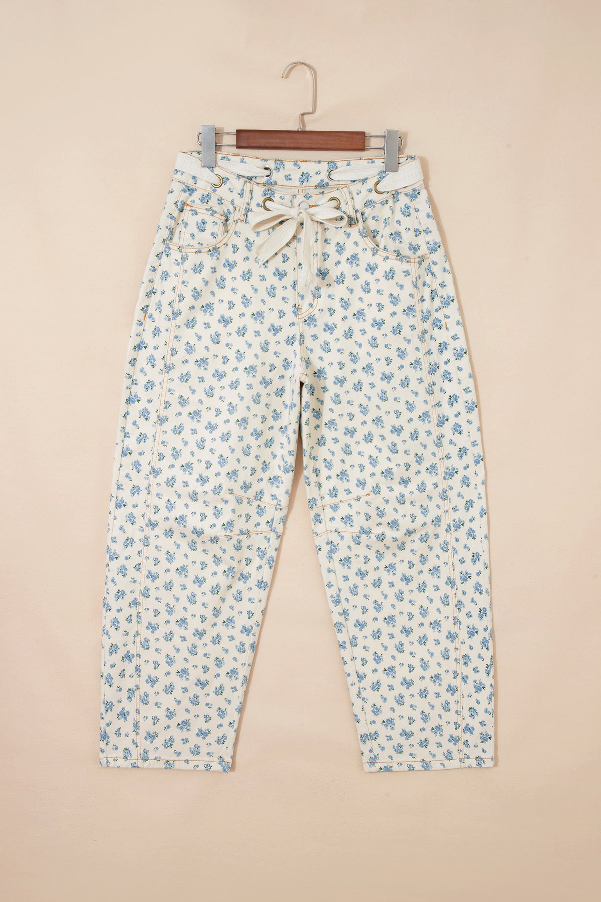 Beige Grommet Knot Waist Floral Barrel Leg Jeans