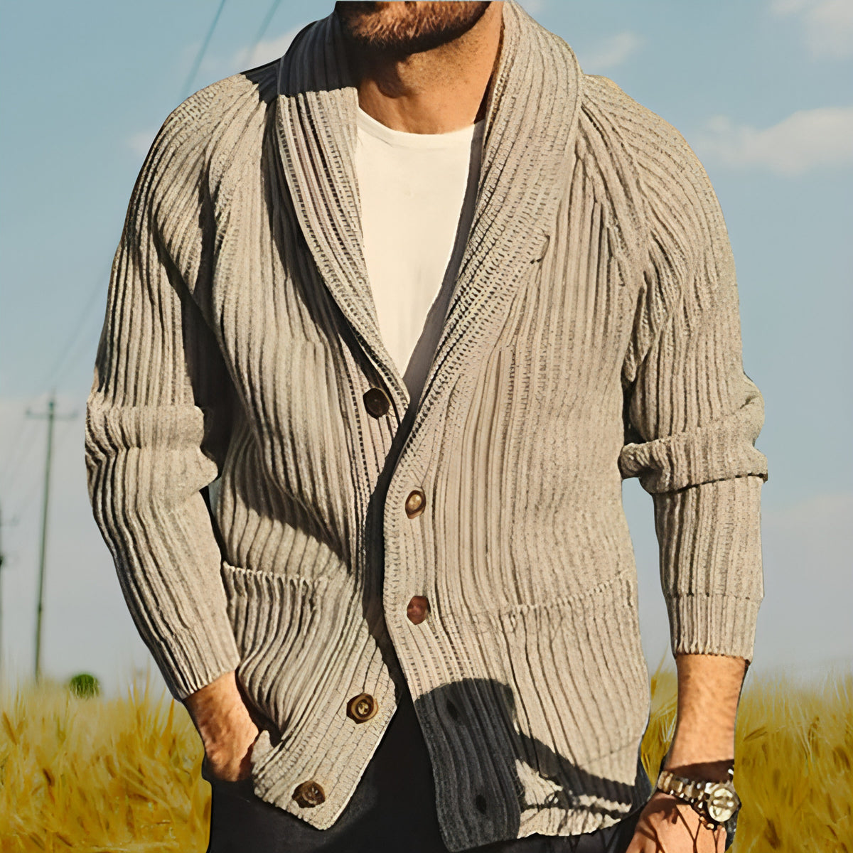 Herren-Strickjacke mit Revers, modisch, Knopfpullover mit Taschen, Oberbekleidung, langärmelig, Oberteil, Frühling und Herbst