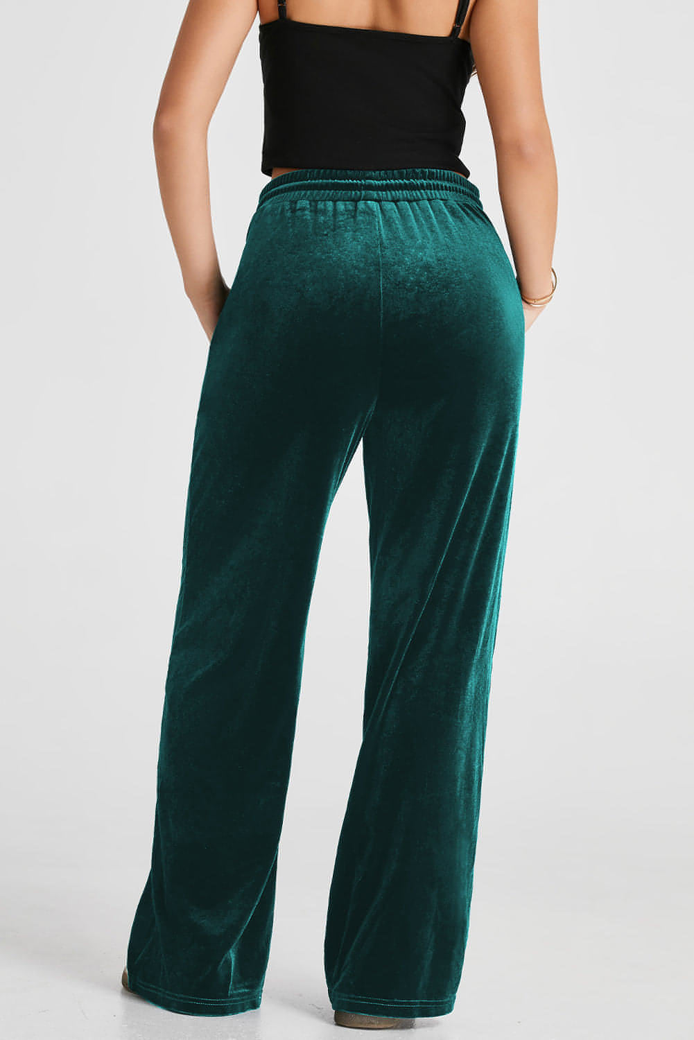 Calça de perna larga de cordão sólida e sempre verde