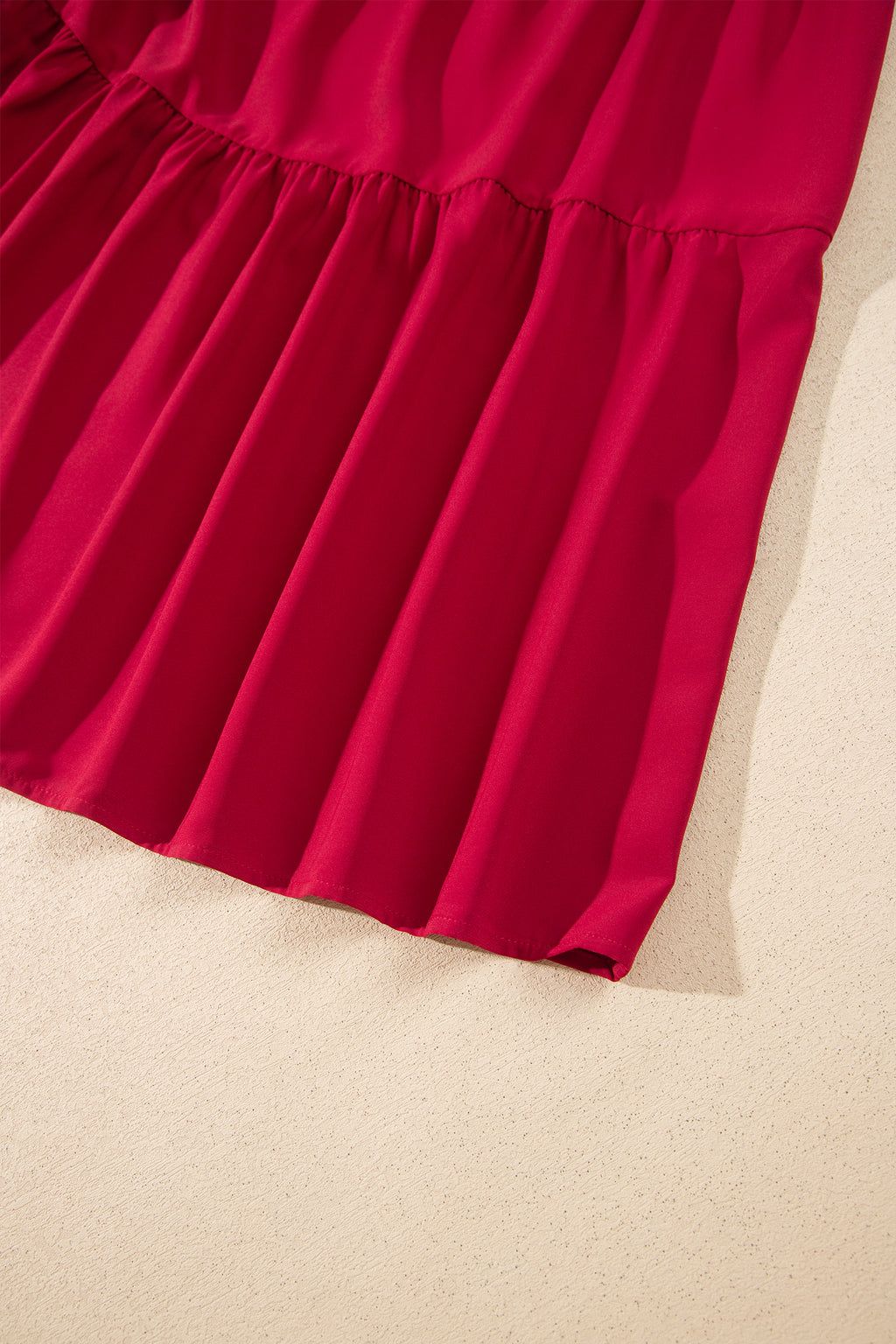 Racing Red Solid Color Ruffle Trim Long Sleeve Tiered Shift Midi Dress