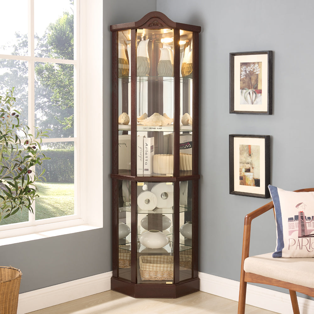 LuneluX_Home™ Lighted Corner Display Cabinet – Glass Curio Cabinet with LED Lighting & Adjustable Shelves | US Warehouse 🇺🇸