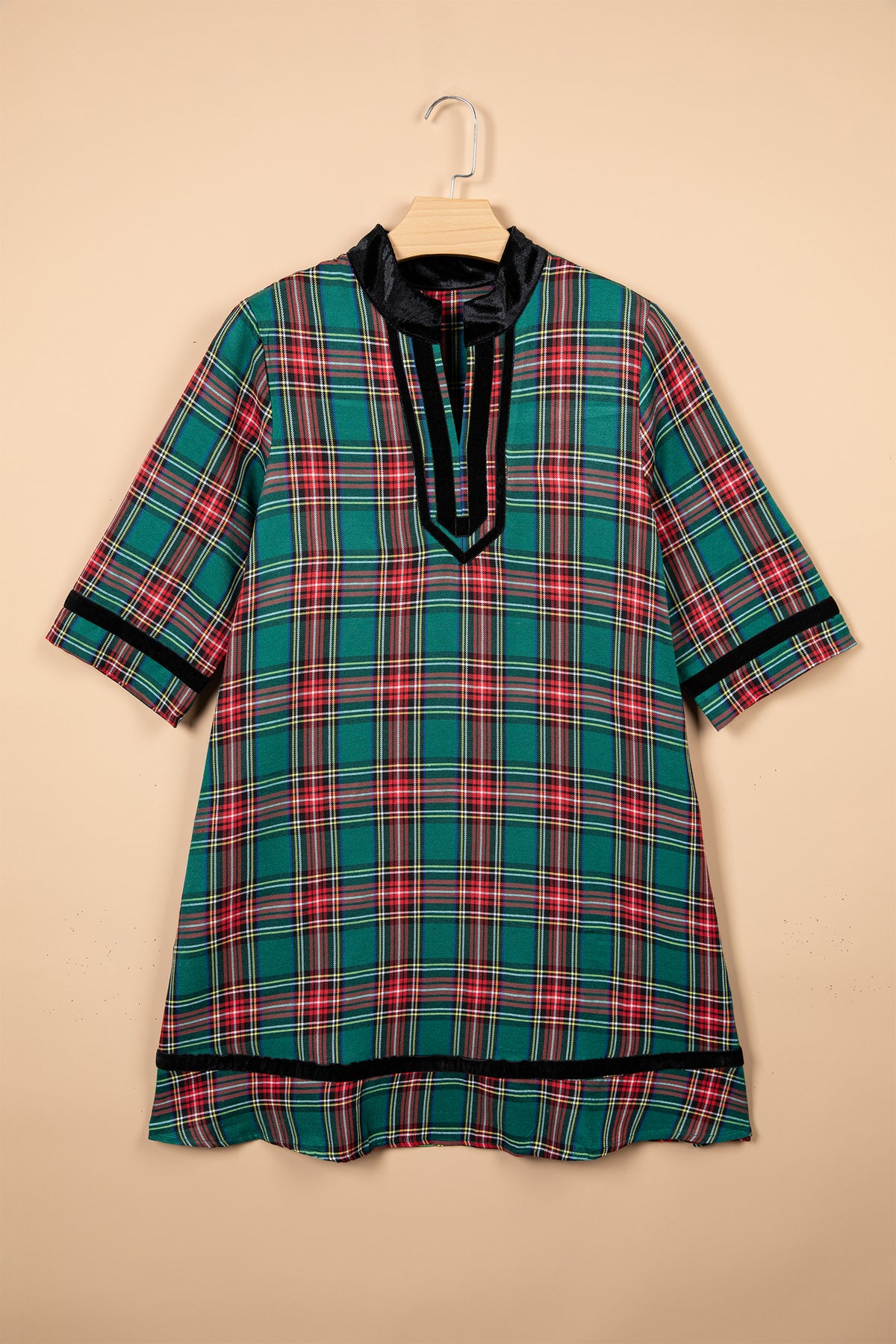 Green Plaid Velvet Trim Pockets Short Shift Dress