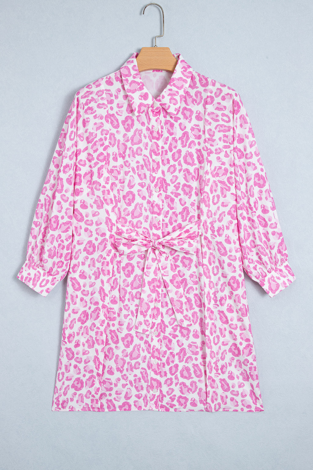 Pink Abstract Leopard Print Tie Waist Puff Sleeve Mini Shirt Dress