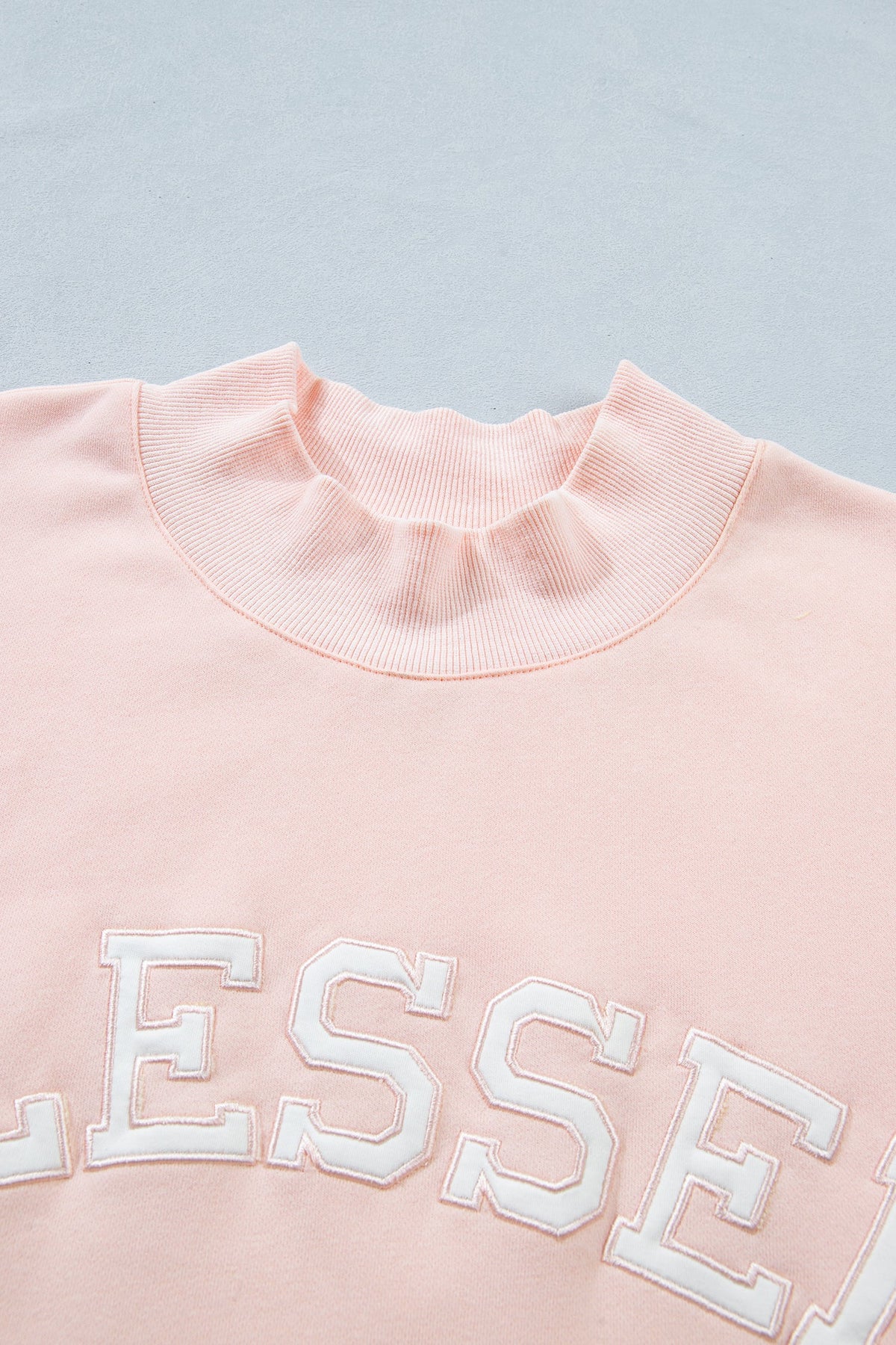 Light Pink BLESSED Embroidered Trim Patch Graphic Plus Size Mock Neck Sweatshirt