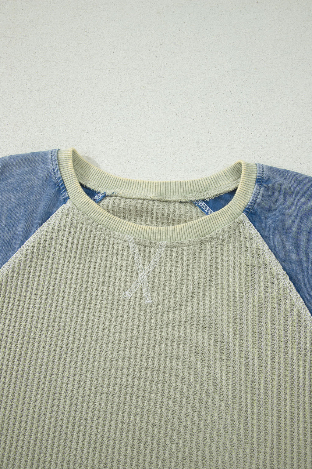 Laurel Green Waffle Knit Seam Detail Color Block Patchwork Short Sleeve Top