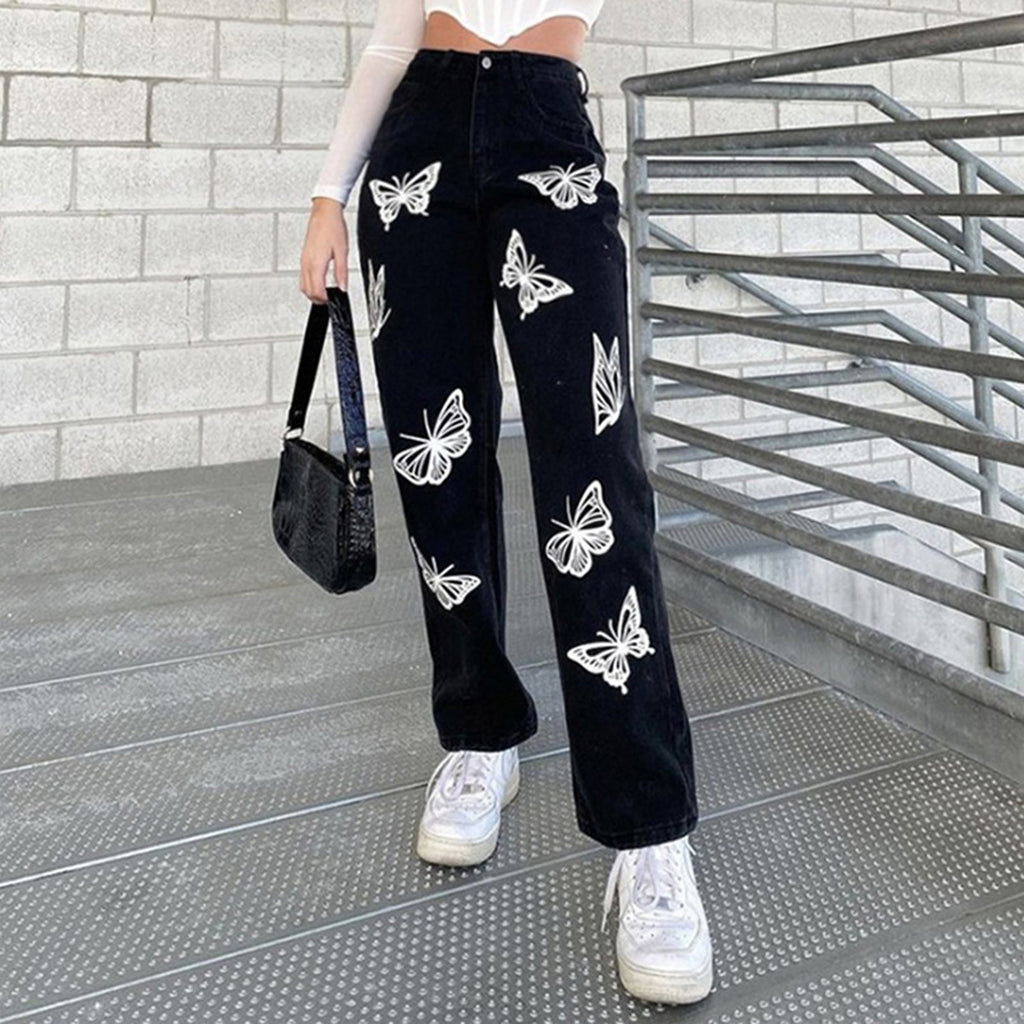 Women’s Wide-Leg Butterfly Jeans – Hot-Flower Vintage Statement Pants