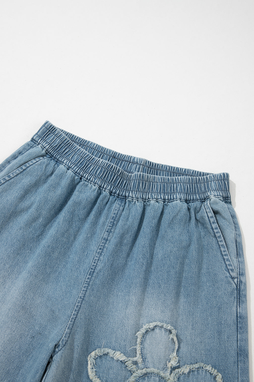 Beau Blue Frayed Floral Patch Wide Leg Raw Hem Wide Leg Jeans