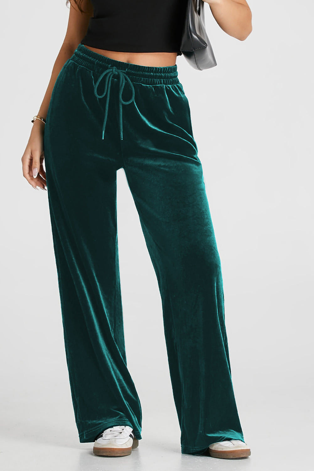 Calça de perna larga de cordão sólida e sempre verde