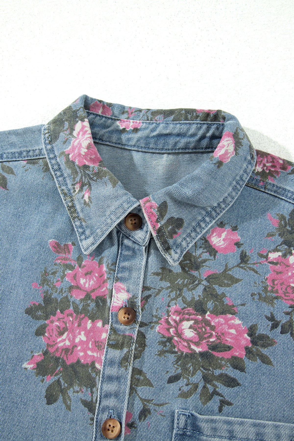 Sky Blue Floral Print Raw Seam Ruffle Hem Denim Jacket