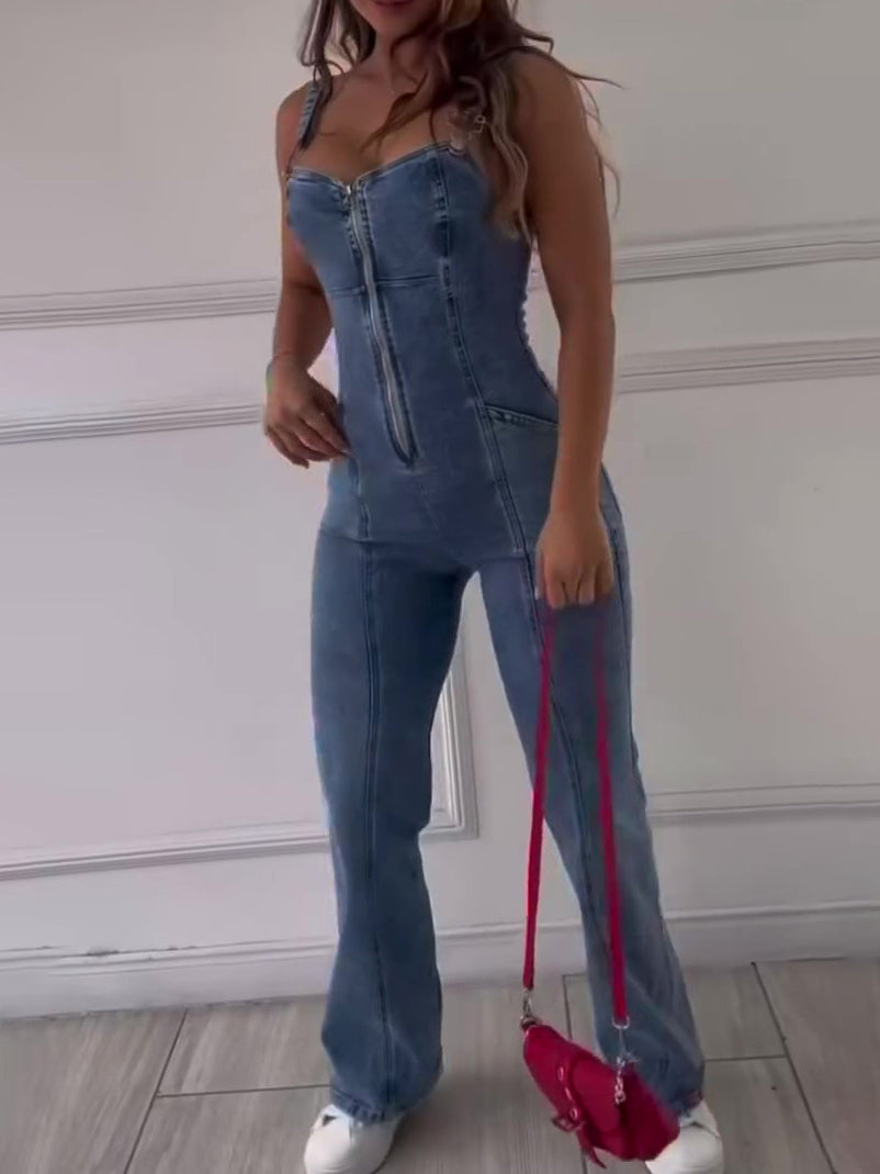 Sleeveless Paneled Denim Jumpsuit – Edgy, Feminine, Effortless