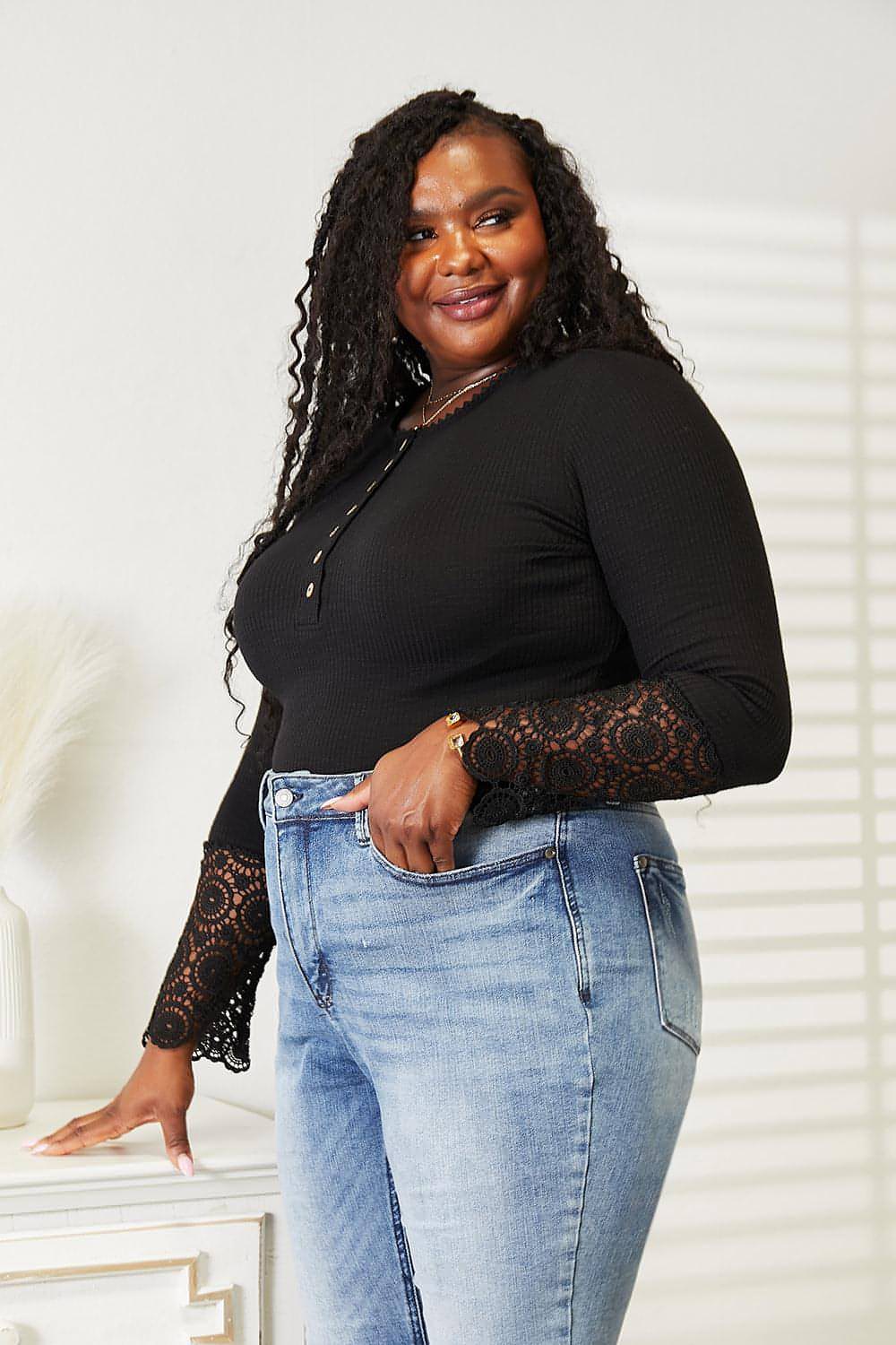 Double Take Crochet Lace Baive Sleeve Button Top