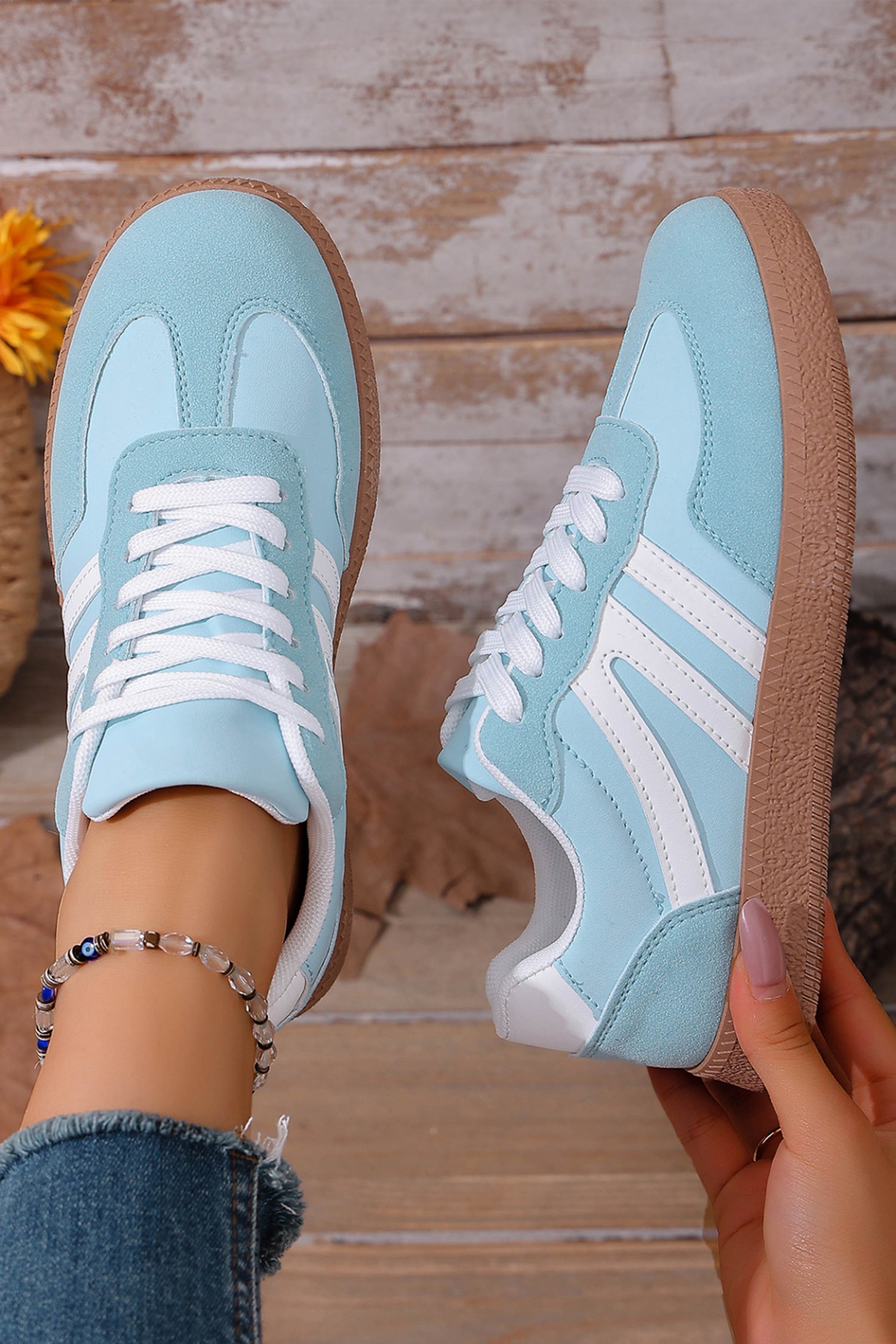 Dusk Blue Faux Suede PU Leather Color Block Patchwork Lace-up Shoes